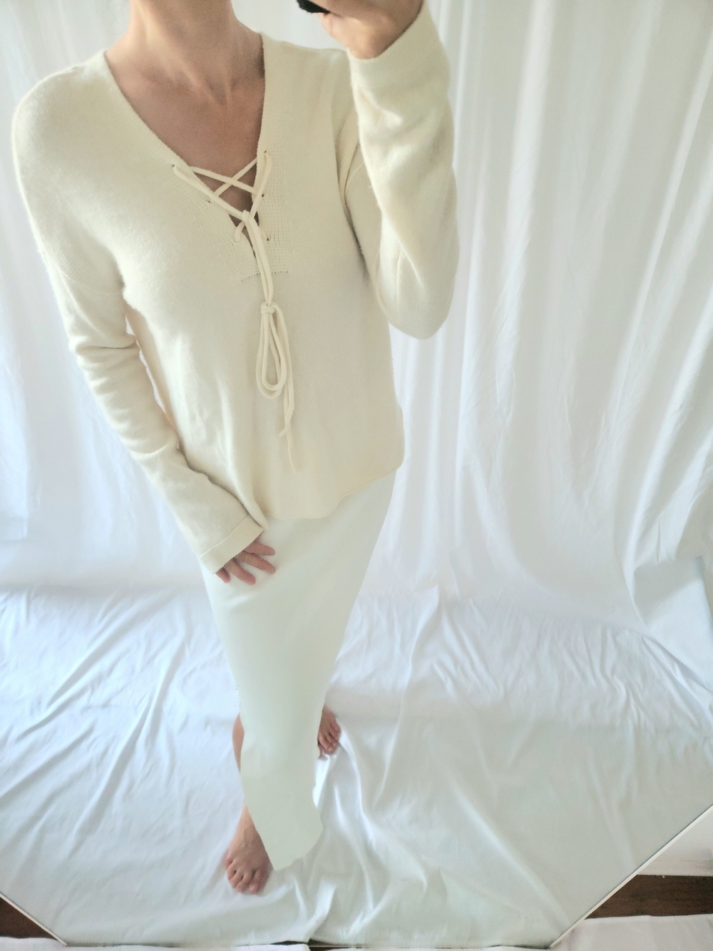Joie Cream Lace-Up V-Neck Sweater